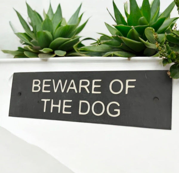 A Beware Of The Dog Gate Sign made in Natural Slate with polished edges and hard-wearing carved lettering www.HouseSign.co.uk