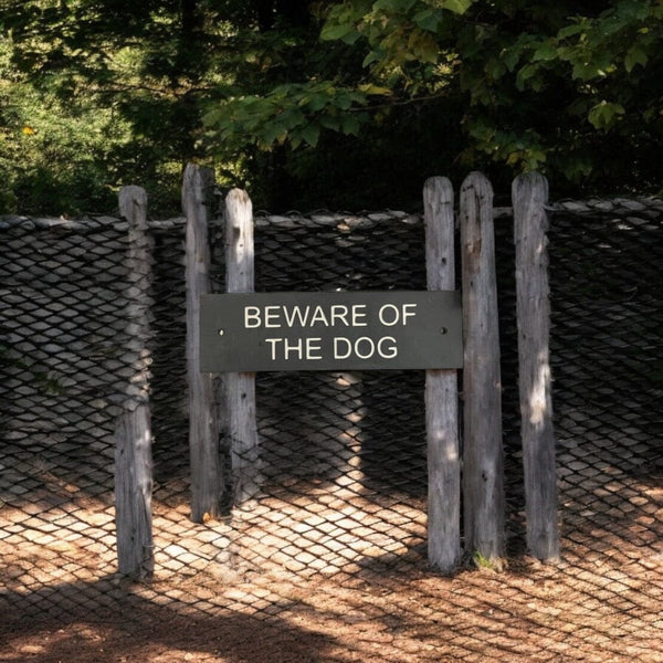 A Beware Of The Dog Gate Sign made in Natural Slate with polished edges and hard-wearing carved lettering www.HouseSign.co.uk