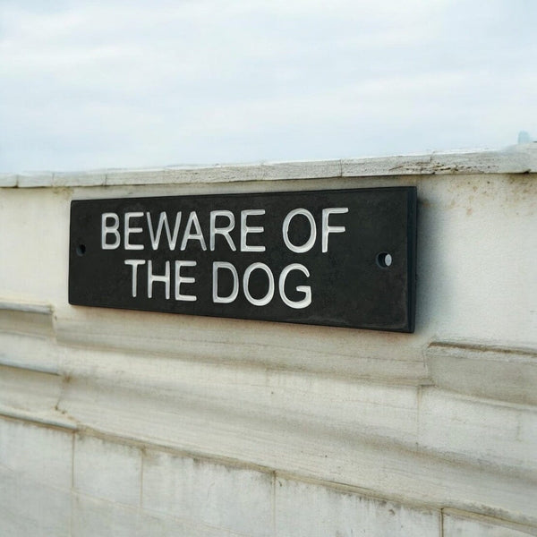 A Beware Of The Dog Gate Sign made in Natural Slate with polished edges and hard-wearing carved lettering www.HouseSign.co.uk