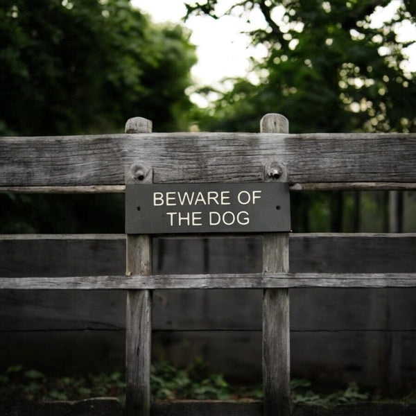 A Beware Of The Dog Gate Sign made in Natural Slate with polished edges and hard-wearing carved lettering www.HouseSign.co.uk