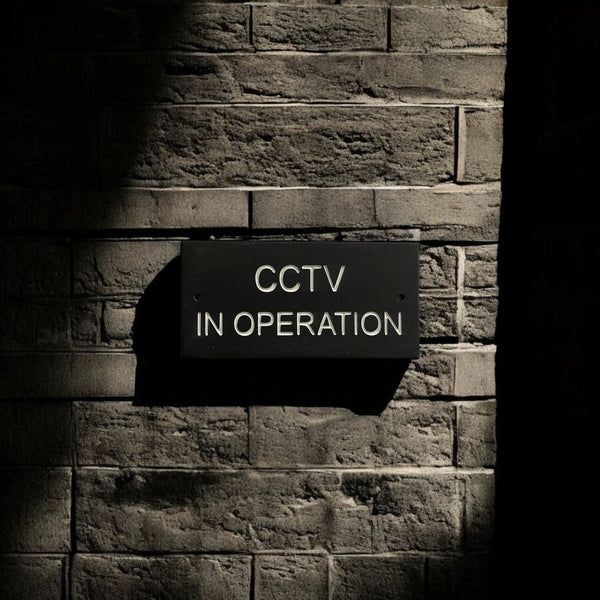 A CCTV Gate Or Wall Sign made in Natural Slate with polished edges and hard-wearing carved lettering www.HouseSign.co.uk